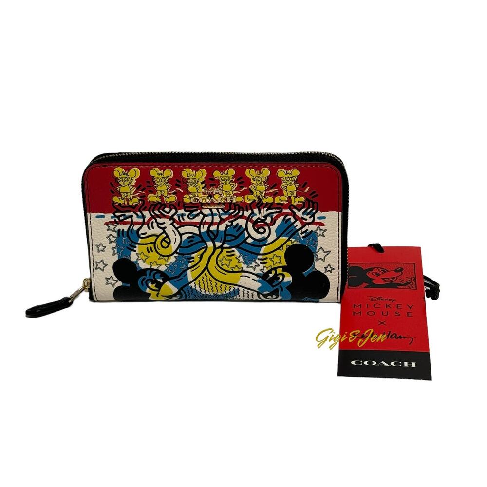 Coach Disney Mickey Mouse X Keith Haring Medium Id Zip Wallet New